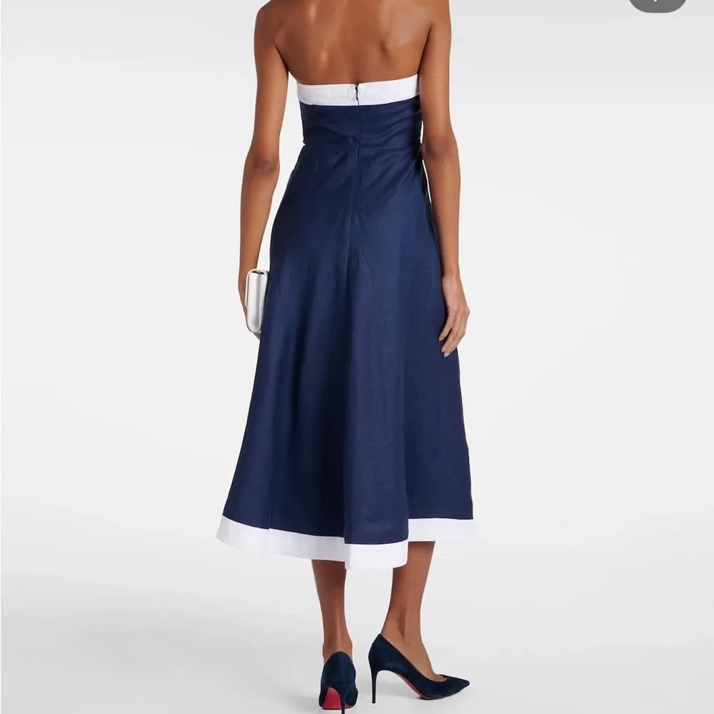 STAUD Strapless Dress in Navy and White - Picture 2 of 5